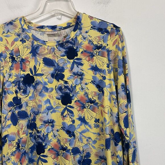 LOGO Lori Goldstein Top Tunic S Yellow Blue Floral Asymmetric Hem Pocket Casual - Picture 3 of 11